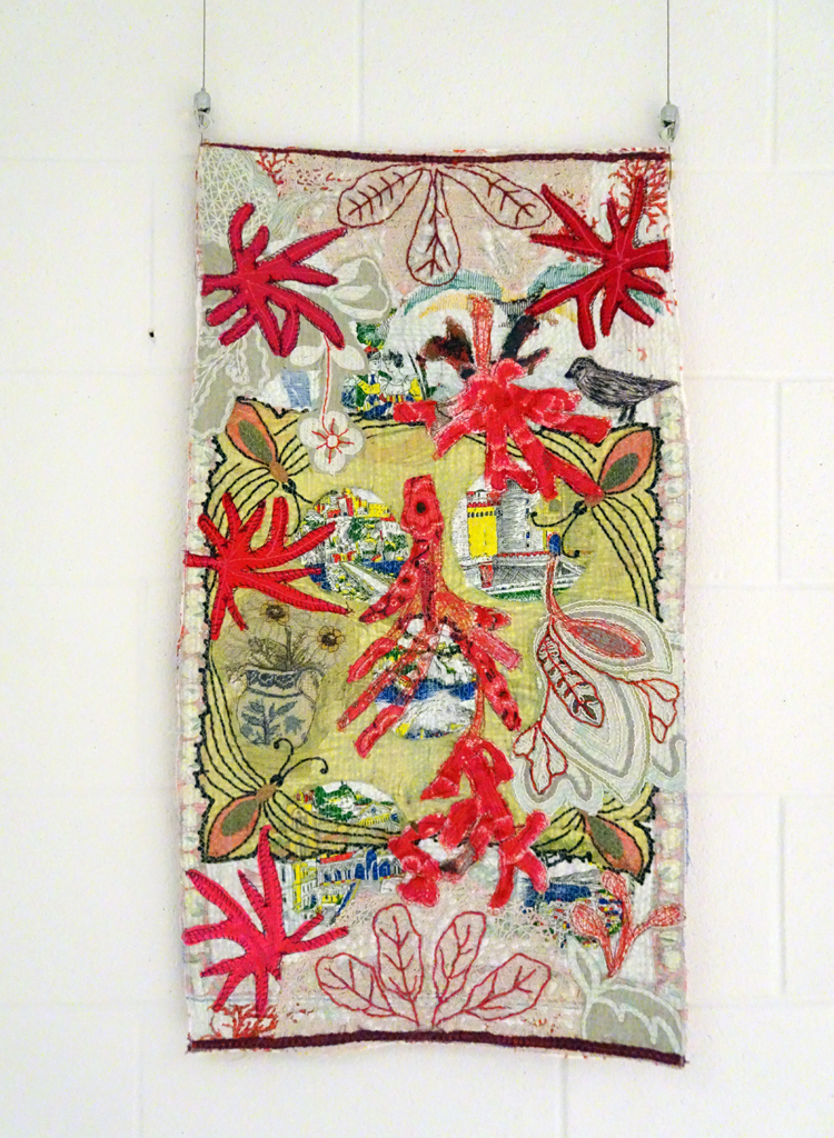 Judy Martin: Corali, 2017, 90 x 45 x .4 cm, tea towel, vintage Italian textile, felt, cotton, silk, string, Technique: textile collage using hand and machine stitching.