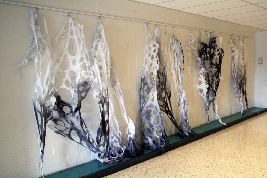 Chrysalis, 2016, Size variable, Material:   Fosshape, a soft fabric material comprised of low melt poly that hardens with the application of heat, painted and dyed, thread, paint.

