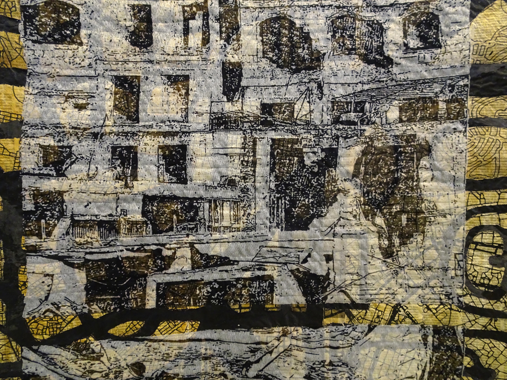At Home in the City, detail, 2016, 250H x 75W cm, silk floss, glue, newspaper, organza, technique: dyed, glued, printed (paper) and sublimation printed (organza), machine sewn.