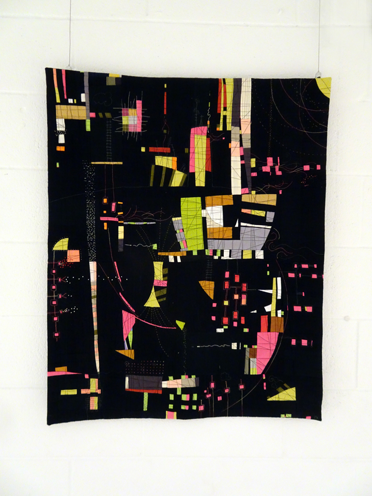 Paula Kovarik: Signals, 2017, 37Hx29.5W, cotton fabrics pieced and sandwiched with cotton batting, hand stitched and machine free-motion stitching with cotton threads. 