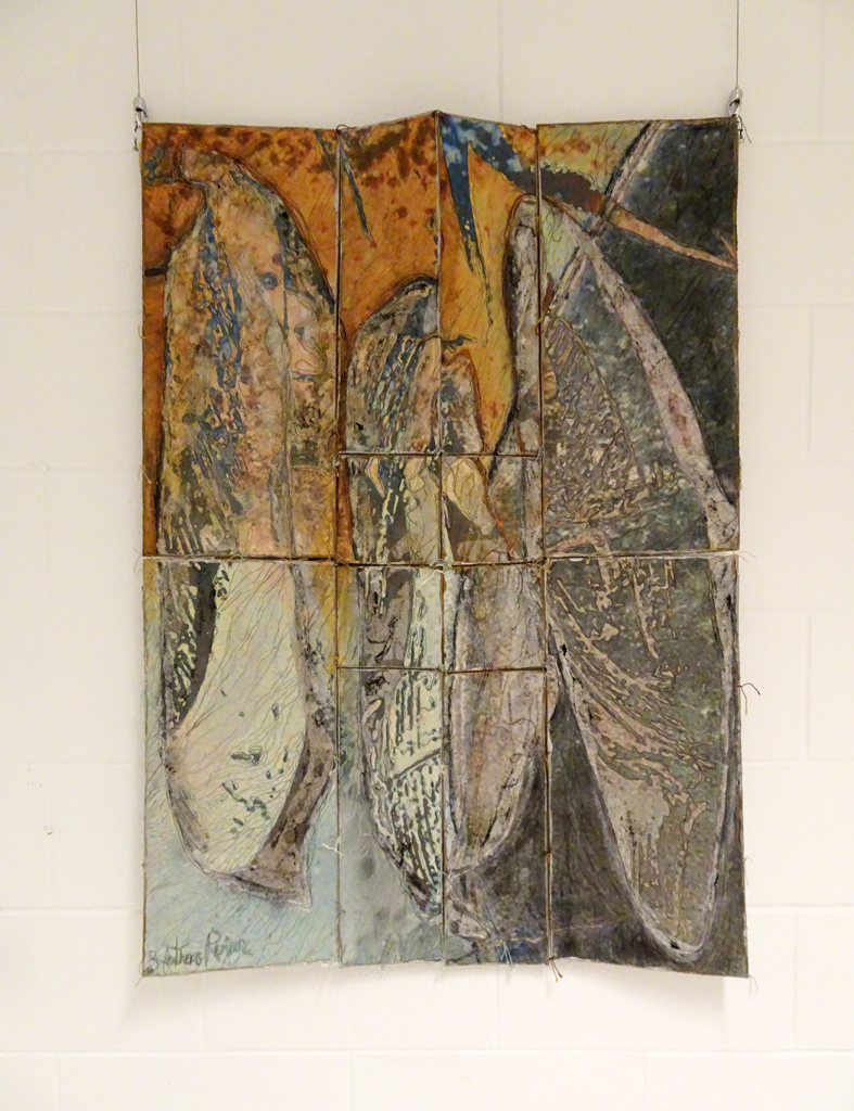 Wen Redmond: Three Feathers Remain,
art is timeless, 42.5 x 29 
Medium- Digital Fiber- Digital Silk Noil, paint, tissue paper, glass bead, lava, matt and gloss mediums, pearl cotton & thread. Techniques- manipulated photograph, printed, quilted, and cut into segments creating an interior design. Piece highlighted with mediums and tissue paper, edges sealed with paint, and hand-tied.