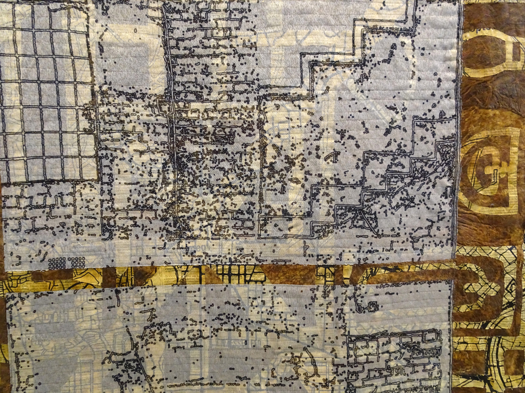 No Home in the City, detail, 2016, 250H x 75W cm, acryl paint,  newspaper, organza, technique: dyed, painted, printed (paper) and sublimation printed (organza), machine sewn.