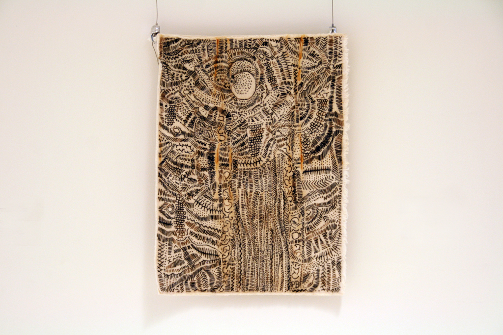 Woodpeckers Live Here, 2015, 50.8cm H x 38cm W, cotton fabrics, wool thread, Technique: Fabric dyed naturally, hand embroidery.