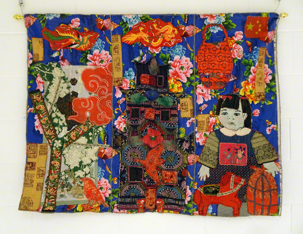 Judy Martin: China Garden, 2016, 100 x 175 x .4 cm, original Chinese vintage and new textile, cotton, silk, nylon, coated paper, Technique: textile collage using hand and machine stitching.