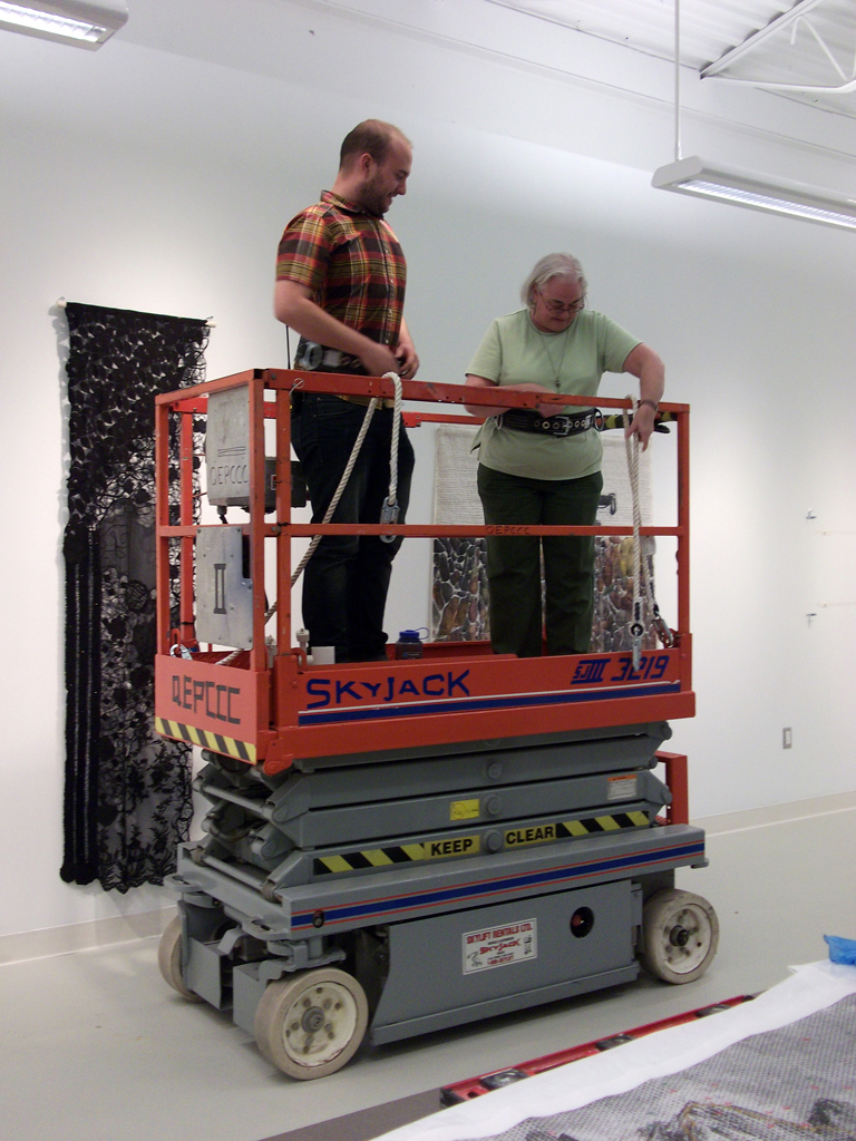 Getting ready on the SkyJack to start the lighting of the artwork for the Quiet Zone exhibition.