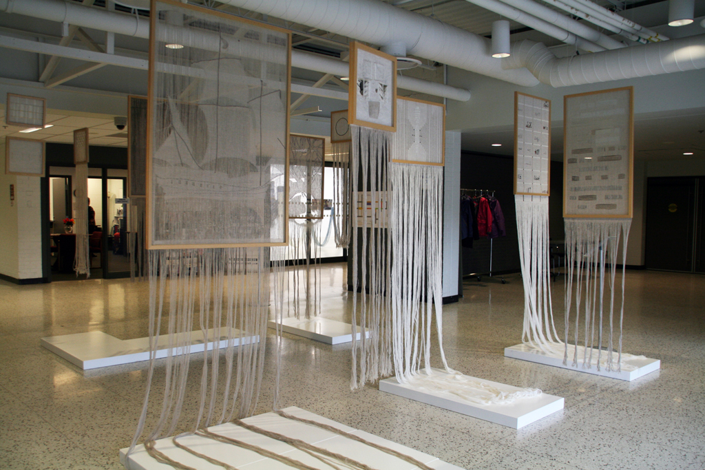 Colette Balcaen: From One Window To Another, 2017, 4 x 5 meters, varied linen panels sandwiched between wood frames, individual sizes from one meter wide to 15 cm.