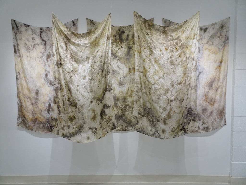 Barbara Ramsay: Terra, 2018, 145H x 330W x 20D cm, silk fabric. Technique: Ecodyed. Hung from ceiling.
