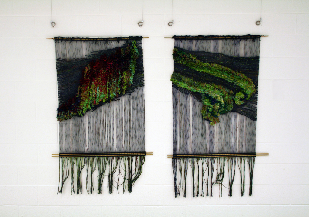 Aurora Borealis, Yellowknife #1, 2014, 157 cm x 99 cm x2.5 cm; knotted pile: Dupioni silk fabric strips, twining: linen/cotton, warp: linen/cotton, brass rods; woven: knotted pile and twining.