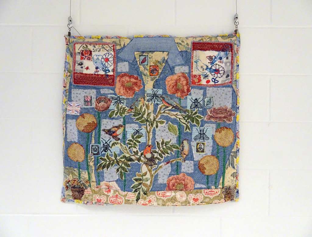 Camllia Bird Tree, vintage and reclaimed textile with hand painted tempera elements, lace and hand and machine embroidery. Technique: textile collage, hand painting and hand and machine embroidery.