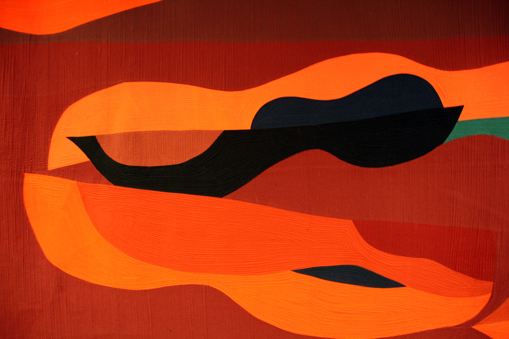 Interactions #23, Sonambulance, detail, 2015, 91” H x 71” W, cotton commercial and hand-dyed fabric, cotton and wool batting. Machine pieced quilt designed and machine pieced by Gerri Spilka; quilting is denoted by Gerri Spilka; machine quilting by Marina Baudoin.