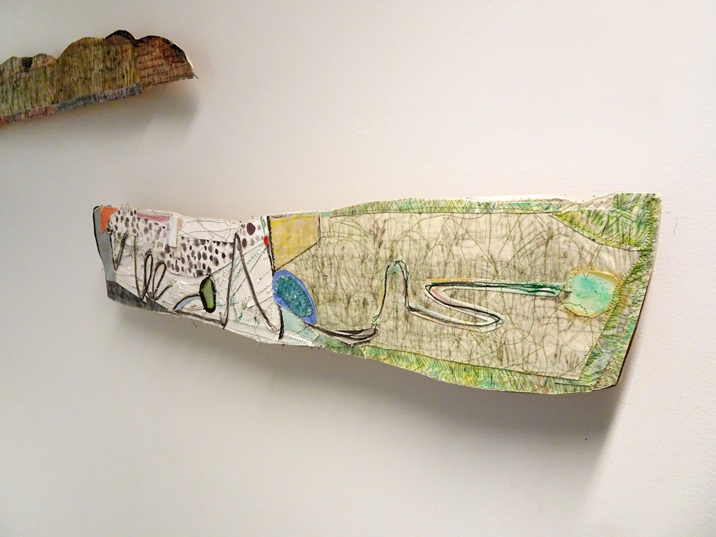 Jane LowBeer: Going to the Country; 2017; 86.5 cm x 15.25 cm; drypoint printed on washi and rag paper, sewn collage; machine sewing and hand stitching; mounted on wood.