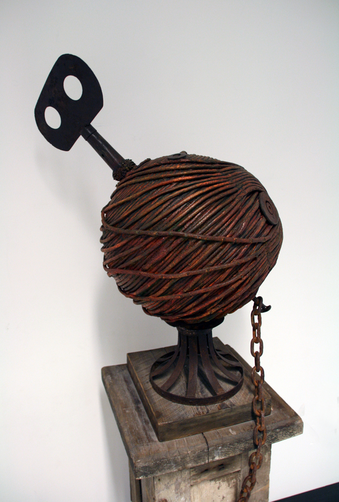 Melanie Chikofsky: Twist of Fate, 2016, 127H x 43.18W x 43.18D, Rope, Nails, Metallic Paint, Found Objects, Vintage Wood Base.