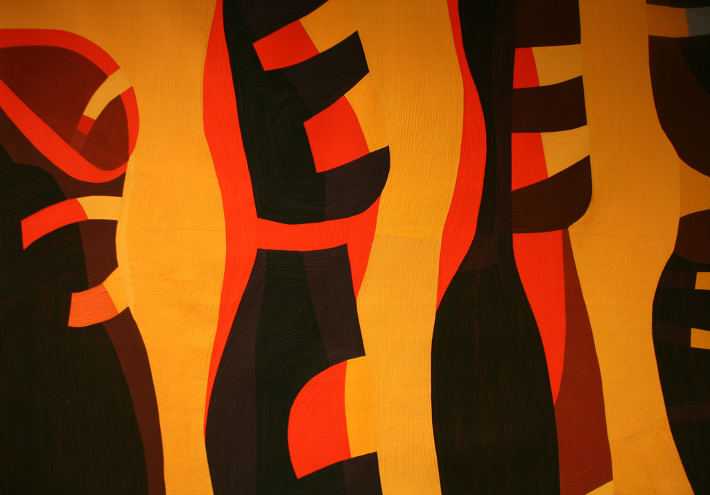 Interactions, detail 2015, 86” H x 80” W, cotton commercial and hand-dyed fabric, cotton and wool batting. Machine pieced quilt designed and machine pieced by Gerri Spilka; quilting is denoted by Gerri Spilka; machine quilting by Marina Baudoin.