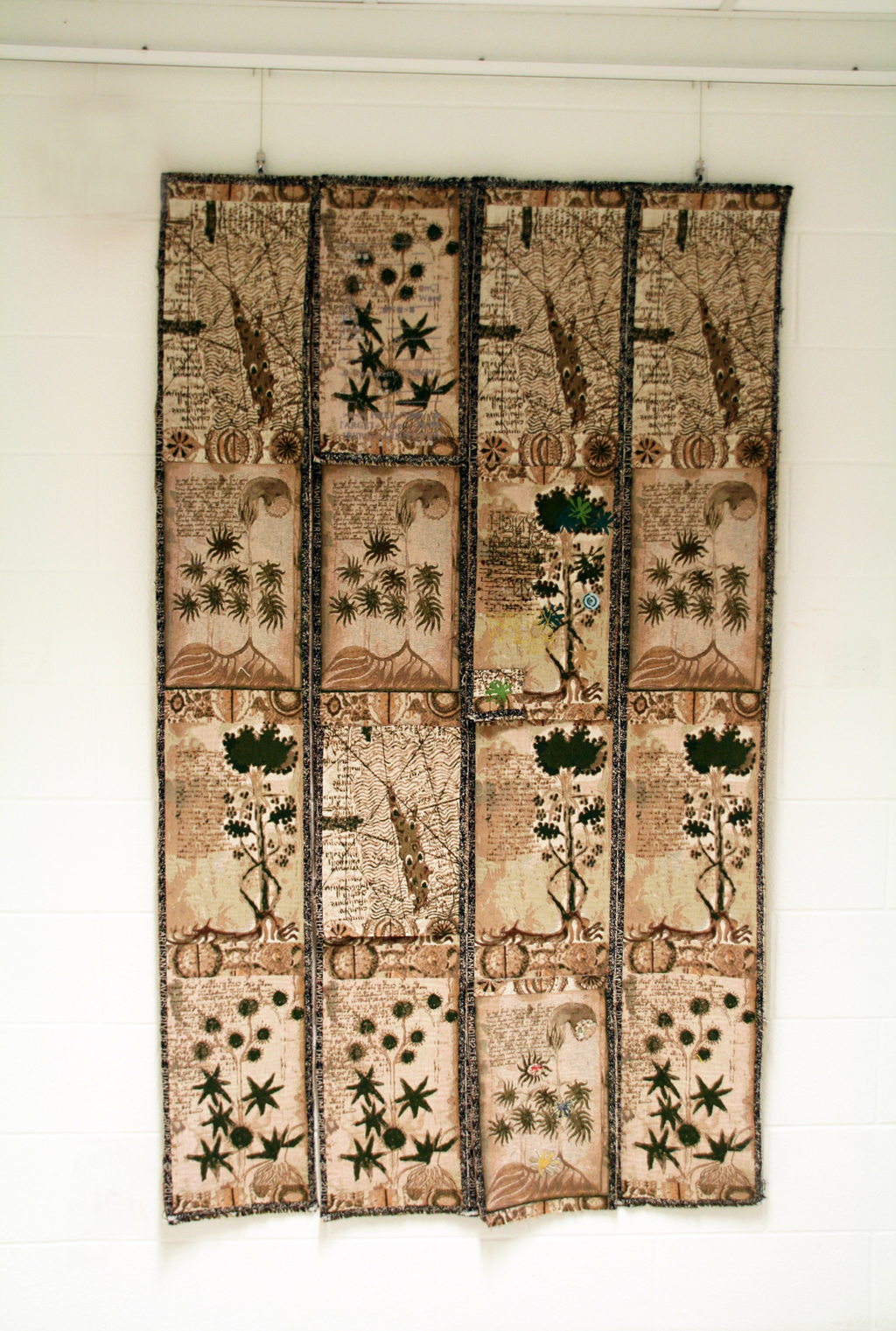 Translation of a Chronicle, 2014, 183H X 118 W cm, cotton  warp, cotton weft, rayon and polyester threads, Technique: Jacquard woven tapestry and embroidery.