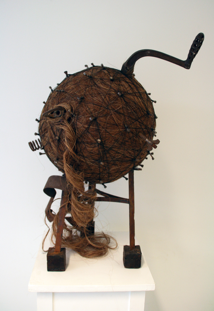 Melanie Chikofsky: Hair Brain, 2016, 66.04H x 45.72W x 35.56D, Horse Hair, Horse Shoe Nails, Thread, Found Objects.