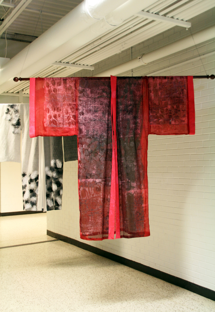 Reflections, 2015, 60H x 58W Paper lamination on silk organza then dyed.  This piece consists of three panels that were used as stencils for the Seasons kimonos. Photo: Pete Paterson