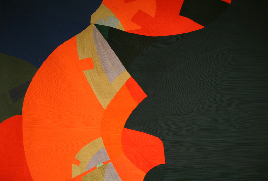 Interactions #26, Pairing, detail, 2015, 86” H x 80” W, cotton commercial and hand-dyed fabric, cotton and wool batting. Machine pieced quilt designed and machine pieced by Gerri Spilka; quilting is denoted by Gerri Spilka; machine quilting by Marina Baudoin.