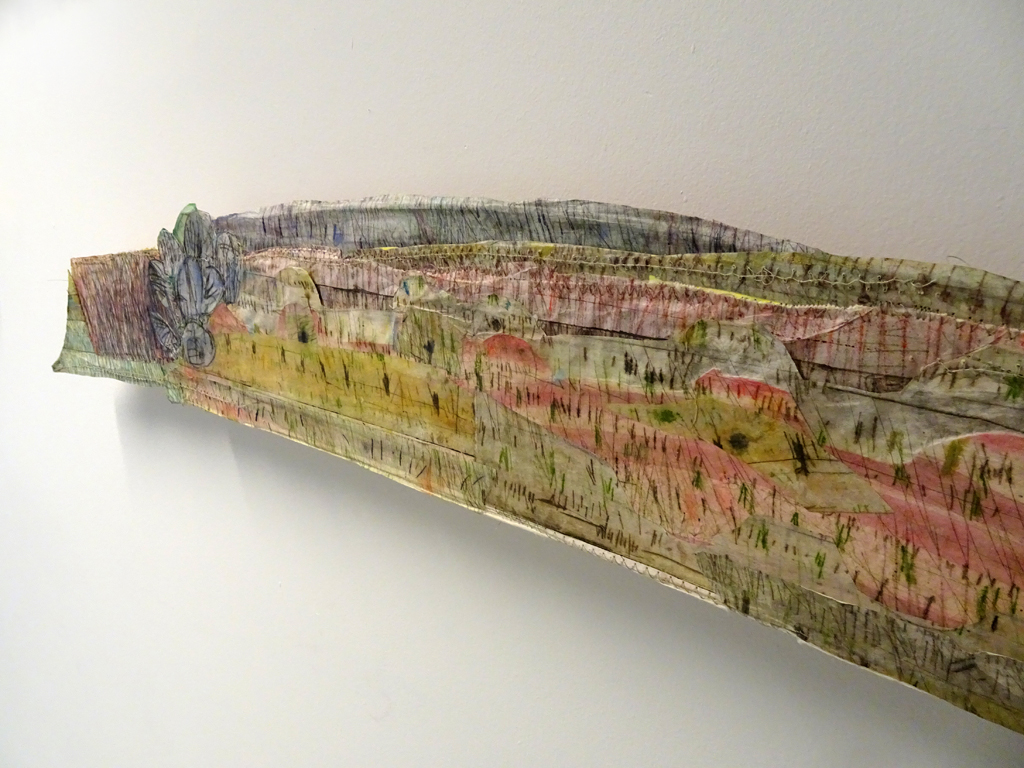 Jane LowBeer: The Morning, Happy Thing; 2016; 127 cm x 17.8 cm; drypoint printed on washi and rag paper, sewn collage; machine sewing and hand stitching; mounted on wood.