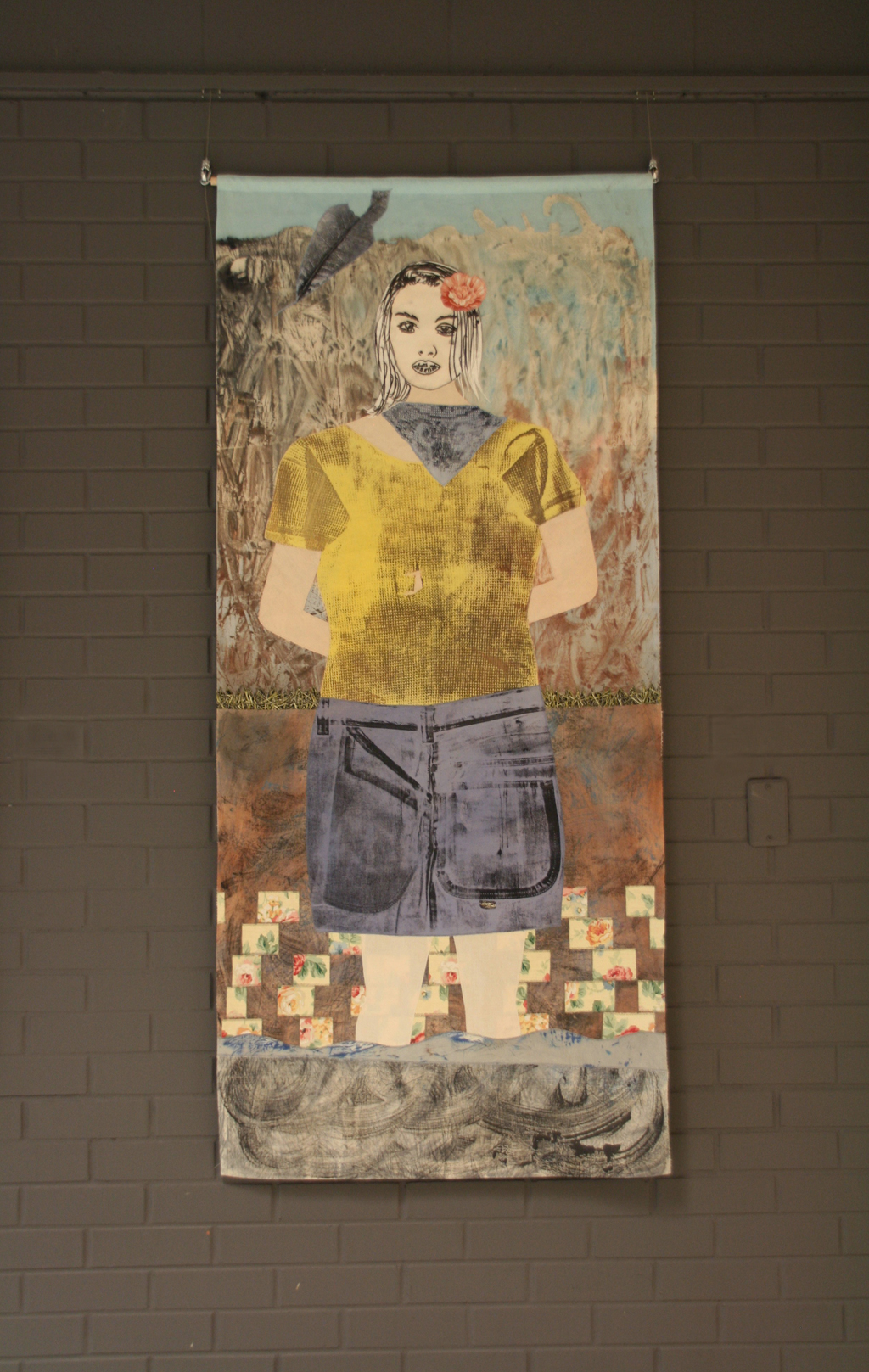 Les pieds dan l'eau, 2015, monotypes on cotton, printed fabric, acrylic, thread, sewing. 