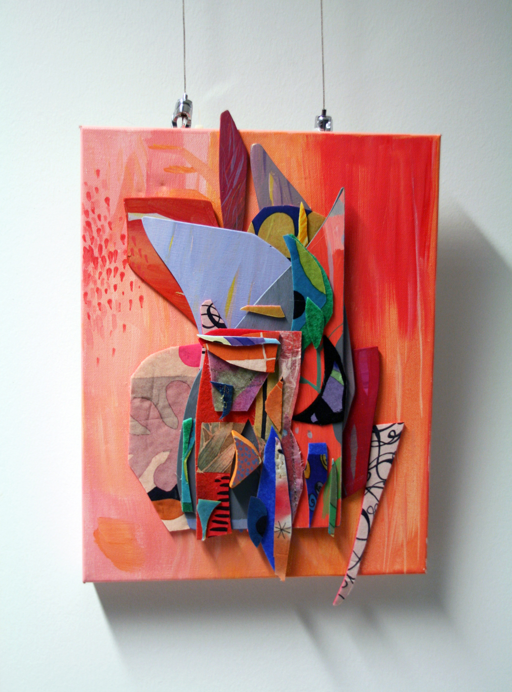 Source, 2015, 40 H x 28 W x 5 cm, acrylic on canvas, acrylic on wood, silk dyes on silk, inkjet print on silk, paper, hand stitching, machine stitching. Technique: painted and sewn assemblage. Mounted on stretchers.