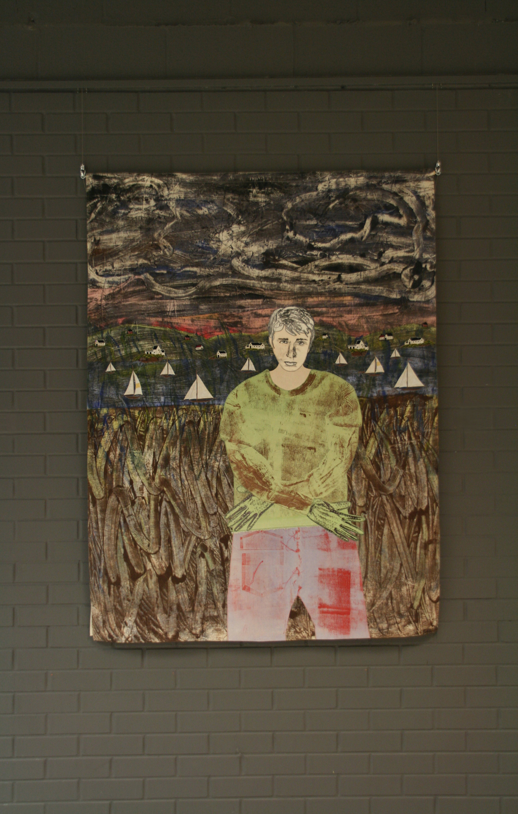 Demain du vent, 2015, monotypes on cotton, printed fabric, acrylic, thread, sewing. 