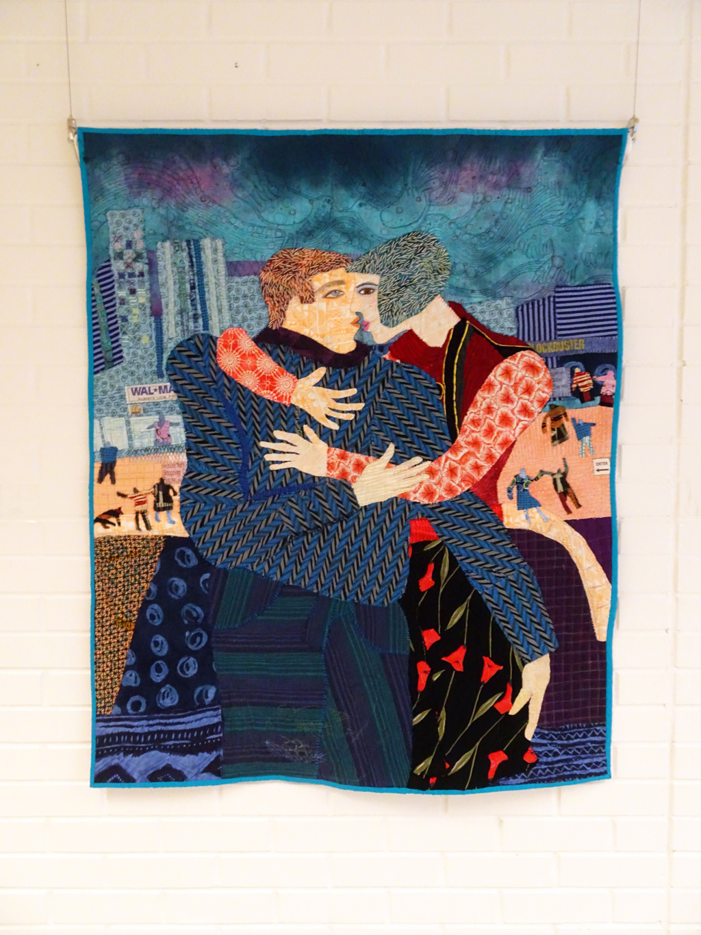 Kissing in Public, 2015, 112x91x1cm, fabric collage, recycled and commercial fabric, hand raw edge appliqué, machine freemotion quilting.