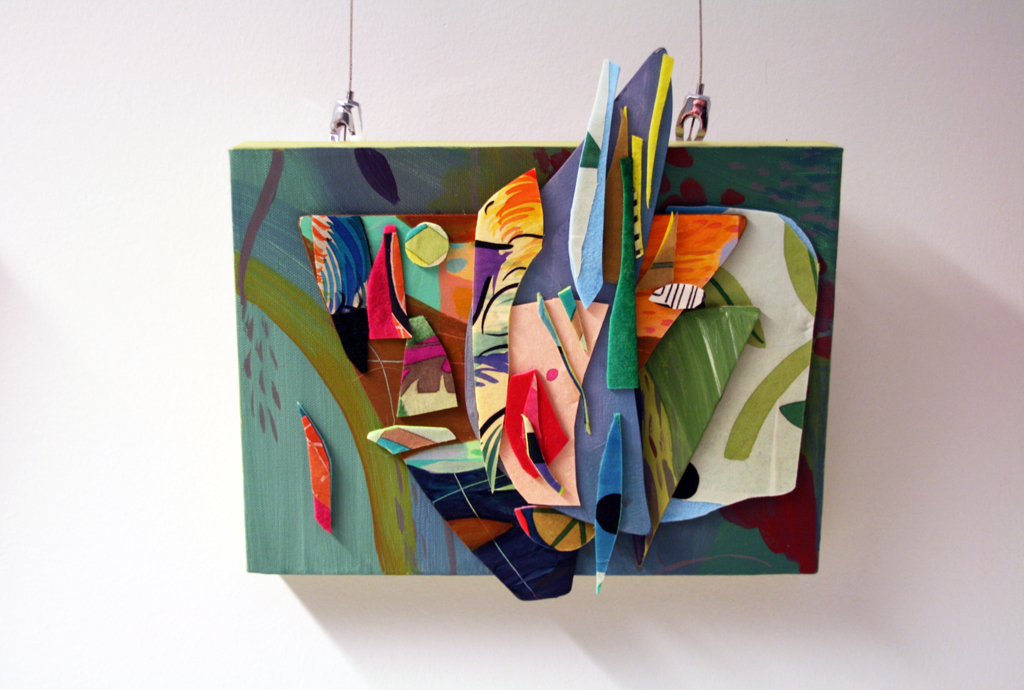 Lush, 2015, 28 H x 30 W x 4 D cm, acrylic on canvas, acrylic on wood, silk dyes on silk. Technique: painted assemblage. Canvas mounted on stretchers.