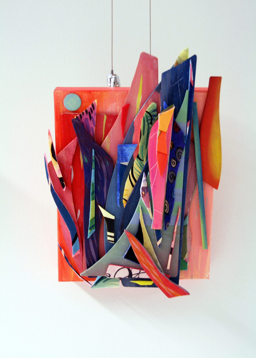 Glade, 2015, 31 H x 22 W x 6 D cm, acrylic on canvas, acrylic on wood, silk dyes on silk, inkjet print on silk. Technique: painted assemblage. Mounted on stretchers.