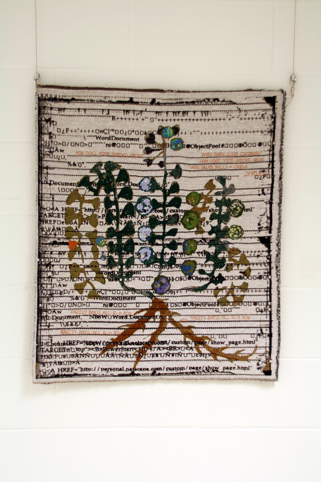 In Bloom, 2015, 87 H x  71 W cm, cotton warp, cotton weft, rayon, polyester threads,  Technique:  Jacquard woven tapestry with  machine embroidery.