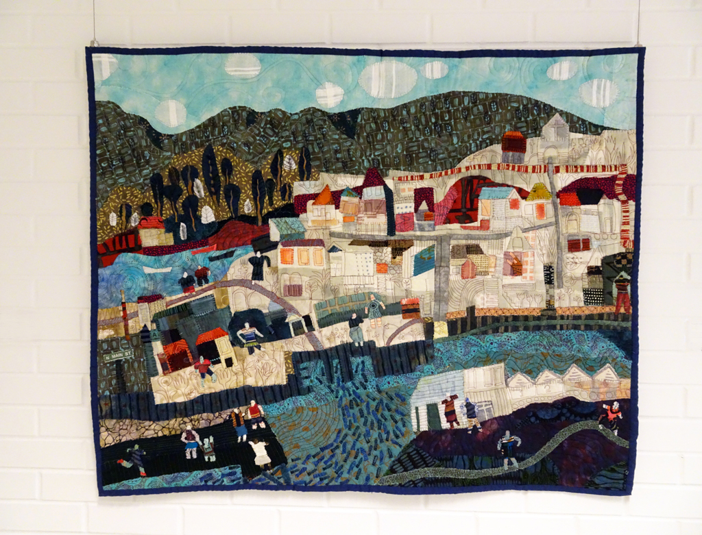 Waiting for the Capelin, 2015, 89x109x1cm, fabric collage, recycled and commercial fabric, hand raw edge appliqué, machine freemotion quilting.