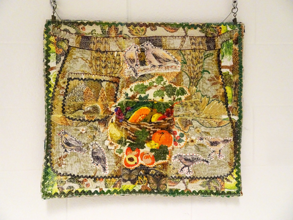 Harvest Apron, vintage and reclaimed textile with hand painted tempera elements, lace and hand and machine embroidery. Technique: textile collage, hand painting and hand and machine embroidery.