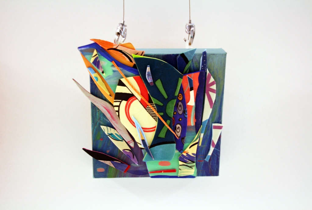 Zephyr, 2015, 22 H x 22 W x 4 D cm, acrylic on canvas, acrylic on wood, silk dyes on silk. Technique: painted assemblage. Mounted on stretchers.