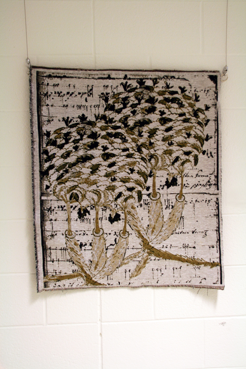 Doubletree, 2015, 87 H x  71 W cm, cotton warp, cotton weft, rayon, polyester threads,  Technique: Jacquard woven tapestry with  machine embroidery.