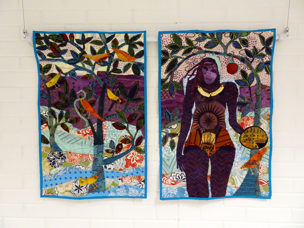 Eve in the Orchard, 2016, 74x102x1 cm, fabric collage, recycled and commercial fabric, hand raw edge appliqué, machine free-motion quilting.