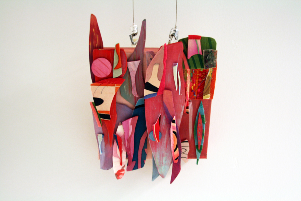 Wink, 2015, 30 H x 22 W x 5 D cm, acrylic on canvas, acrylic on wood, silk dyes on silk, machine stitching, hand sewn glass beads. Technique: painted and sewn assemblage. Mounted on stretchers.