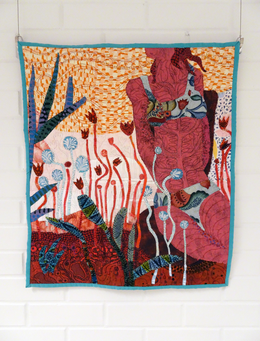 Sunbathing in the Garden, 2016, 58x94x1cm, fabric collage, recycled and commercial fabric, hand raw edge appliqué, machine freemotion quilting.