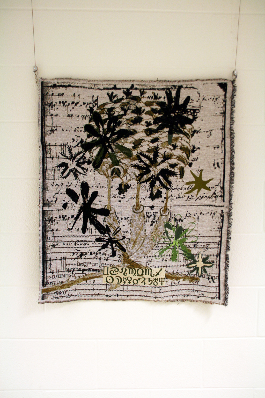 Flowering, 2015, 87 H x  71 W cm, cotton warp, cotton weft, rayon, polyester threads,  Technique: Jacquard woven tapestry with  machine embroidery.