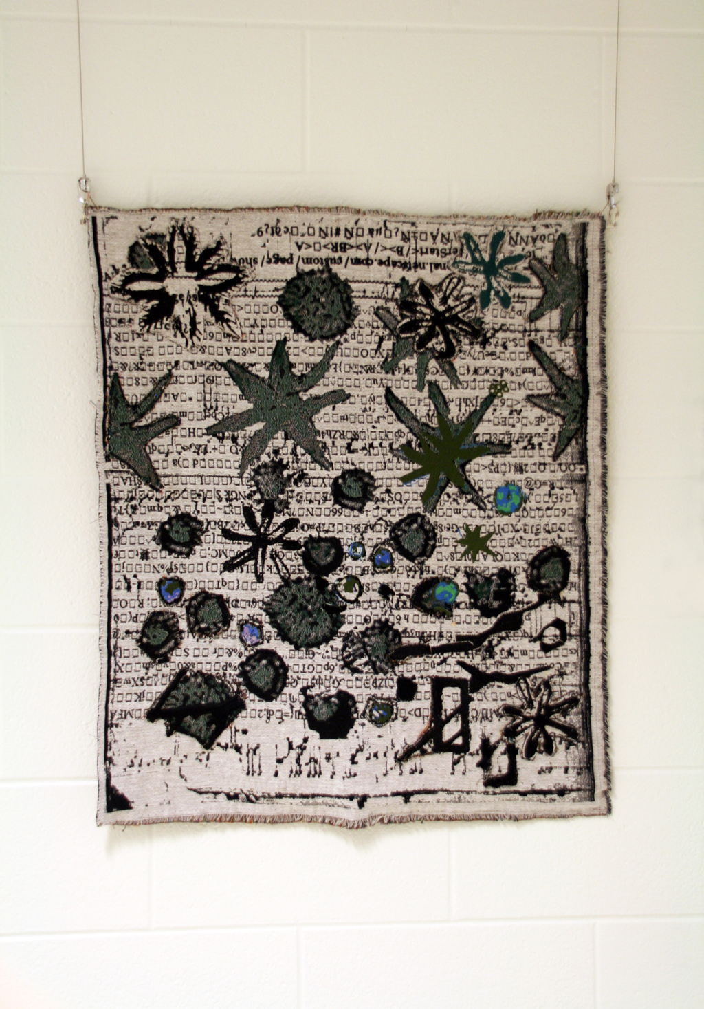 Astral Garden, 2015, 87 H x  71 W cm, cotton warp, cotton weft, rayon, polyester threads,  Technique:  Jacquard woven tapestry with  machine embroidery.