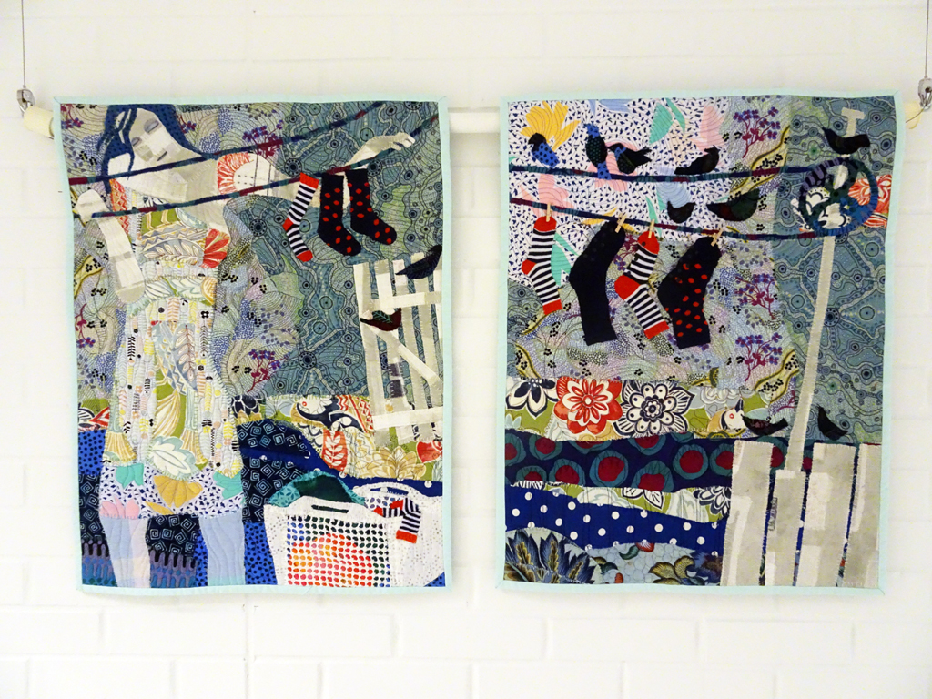 Laundry is for the Birds, 2016, 66x104x1cm, fabric collage, recycled and commercial fabric, hand raw edge appliqué, machine freemotion quilting.