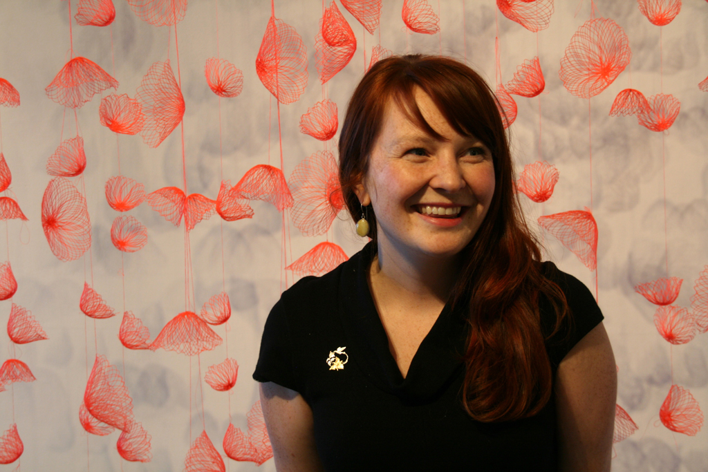 Amanda McCavour at the opening of Strung out and Undone exhibition, World of Threads Festival 2014.