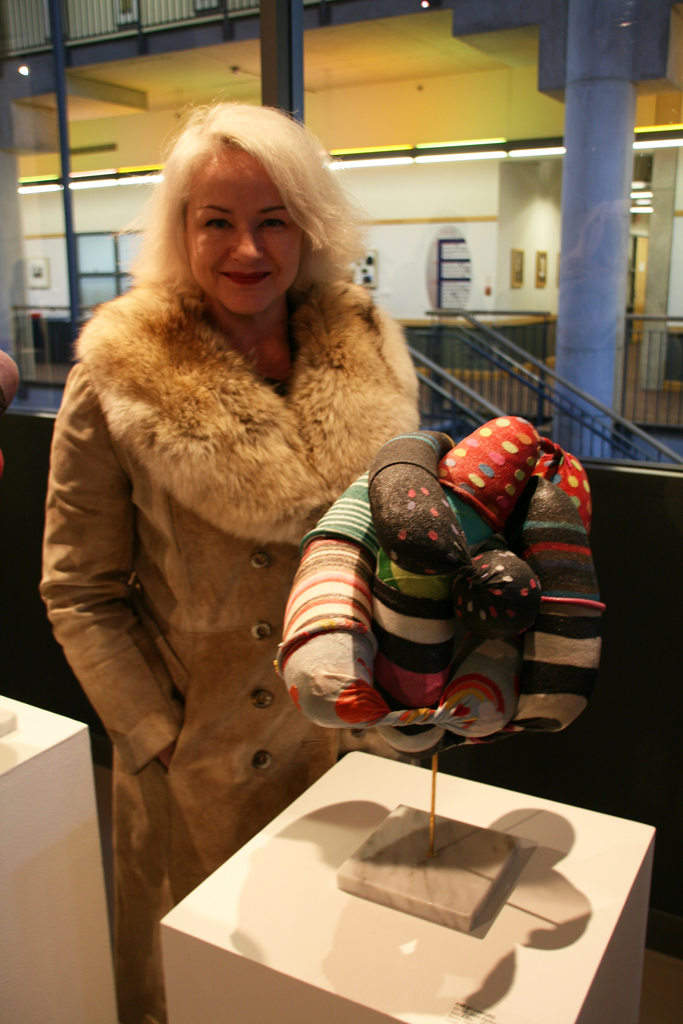 Kim Stanford at the opening of Strung out and Undone exhibition, World of Threads Festival 2014.