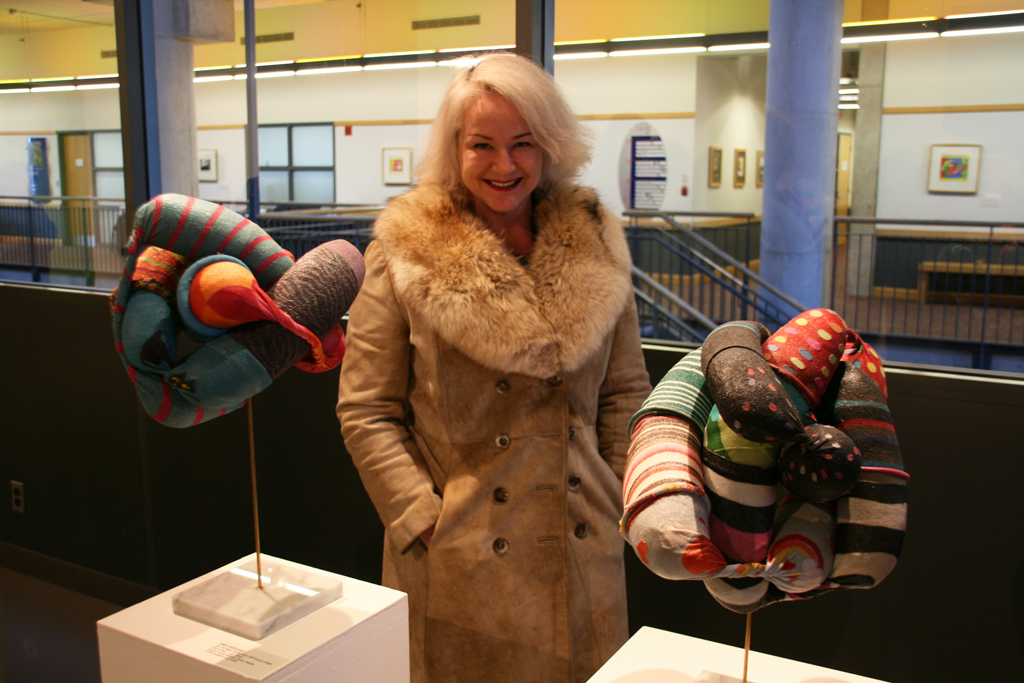 Kim Stanford at the opening of Strung out and Undone exhibition, World of Threads Festival 2014.
