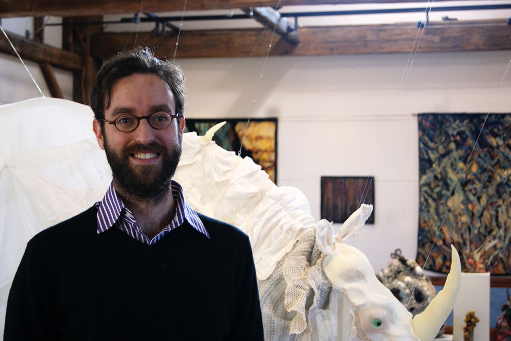 Curator: Gareth Bate at the opening of the De rerum natura exhibition, World of Threads Festival 2012.