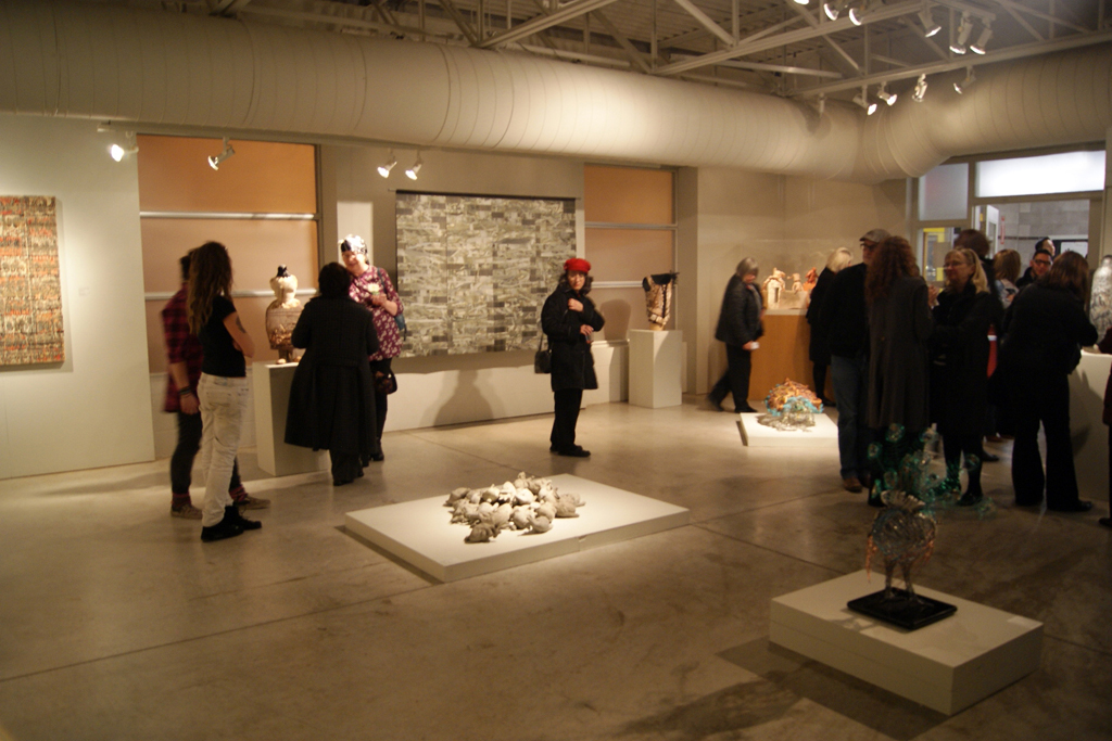 Artists and visitors at the opening of the Memento mori exhibition.