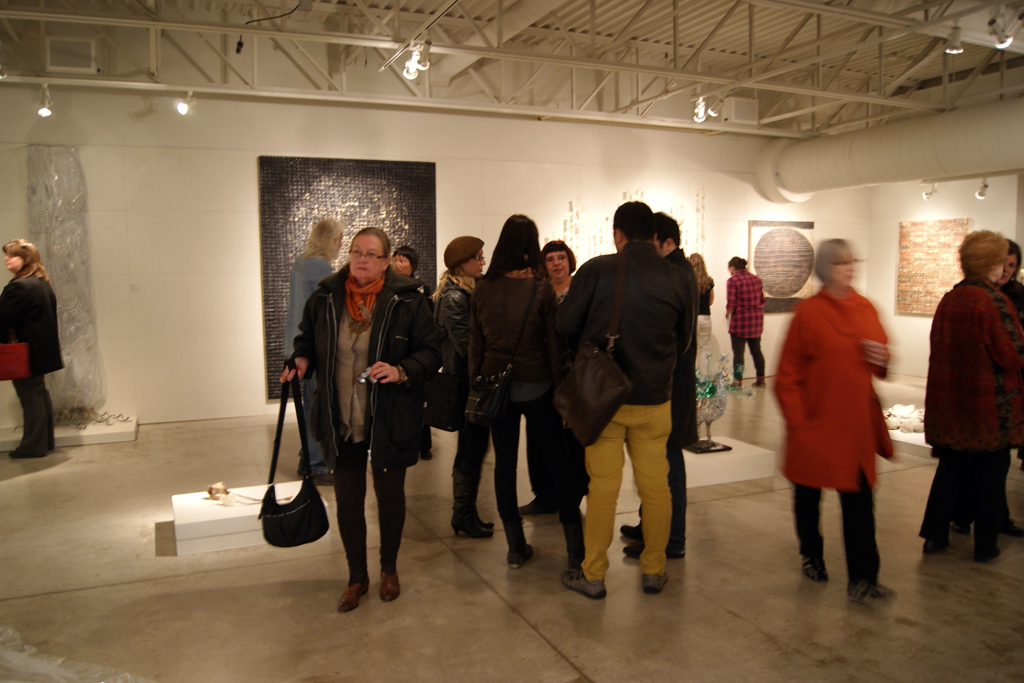Artists and visitors at the opening of the Memento mori exhibition.