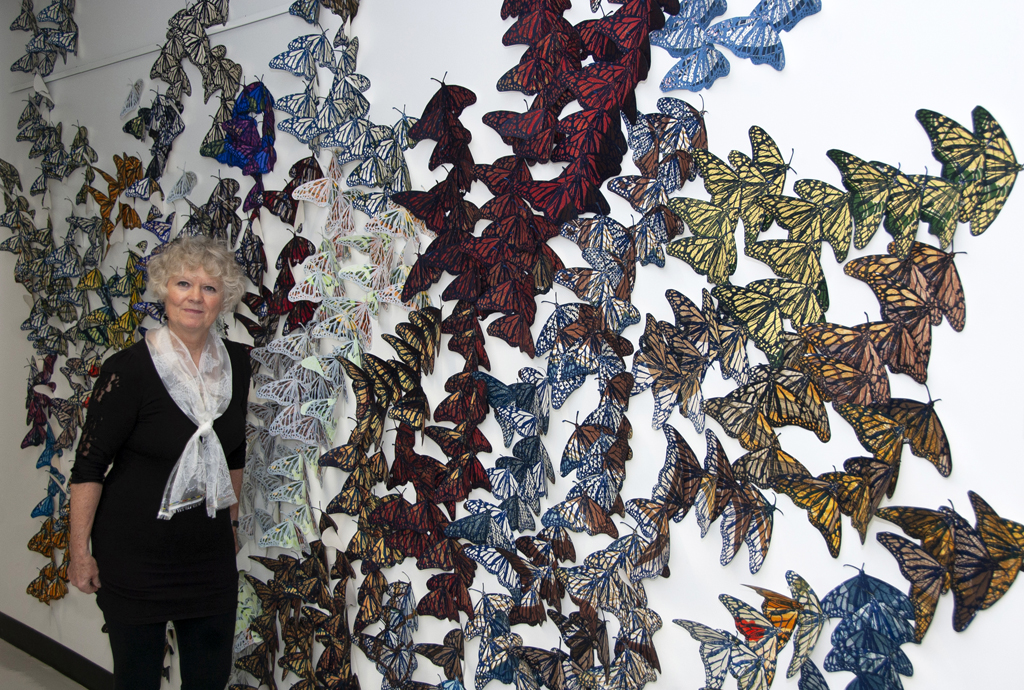 Artist: Lorna Livey at the opening of the World of Threads Festival 2023-24.