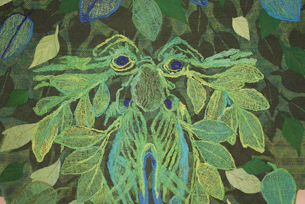 Greenman, detail, Pat Burns-Wendland, Cat Walk III, World of Threads Festival 2023-24.