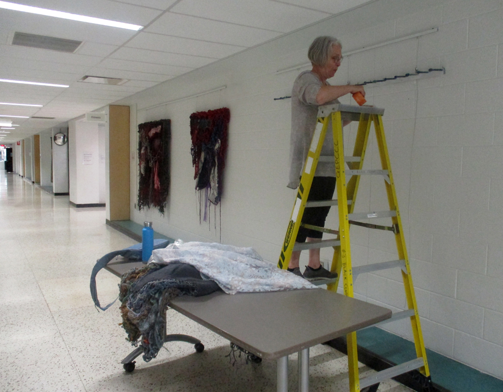 Artist: Elizabeth Babyn installing her Solo Show, World of Threads Festival 2023-24.