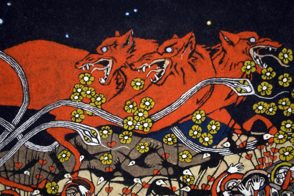 Robin Wiltse, Fear Fate and the Twelth Labour of Hercules, detail, Solo Show, World of Threads Festival 2023-24.