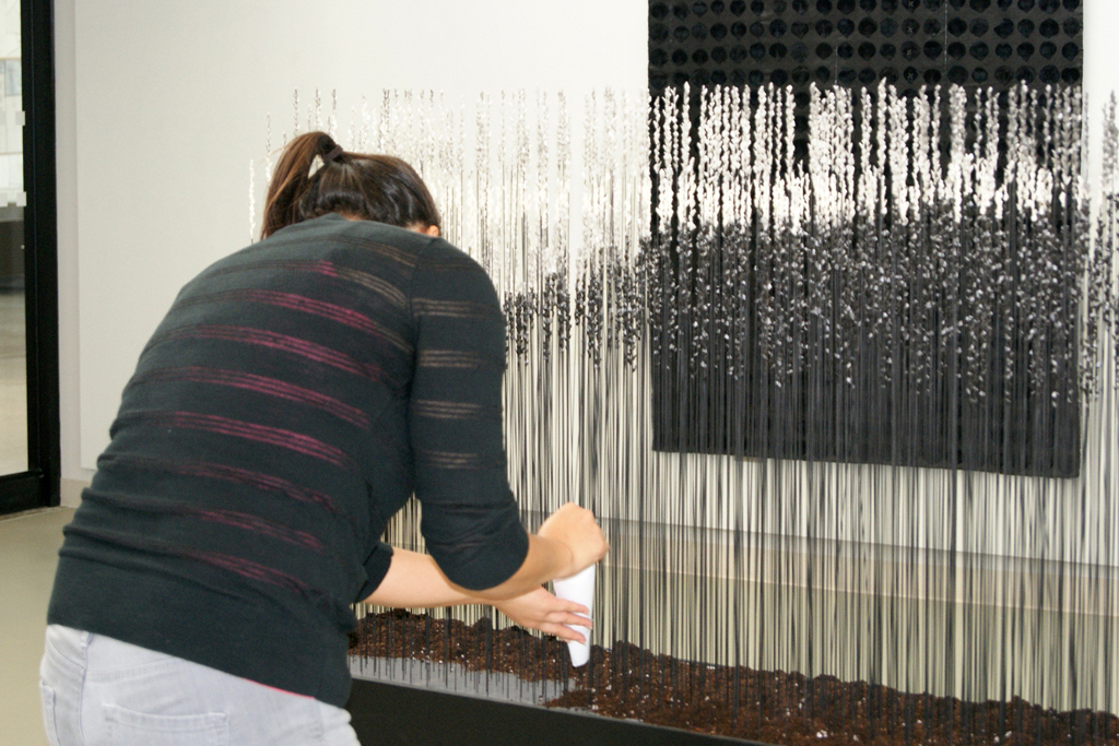 Artist: Emma Nishimura, installing her artwork, The Red and the Black exhibition, World of Threads Festival 2014.